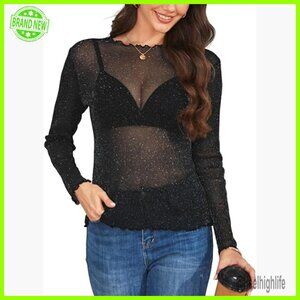 Sparkly Mesh Long Sleeve Top Stretchy See Through Party Club T-Shirt